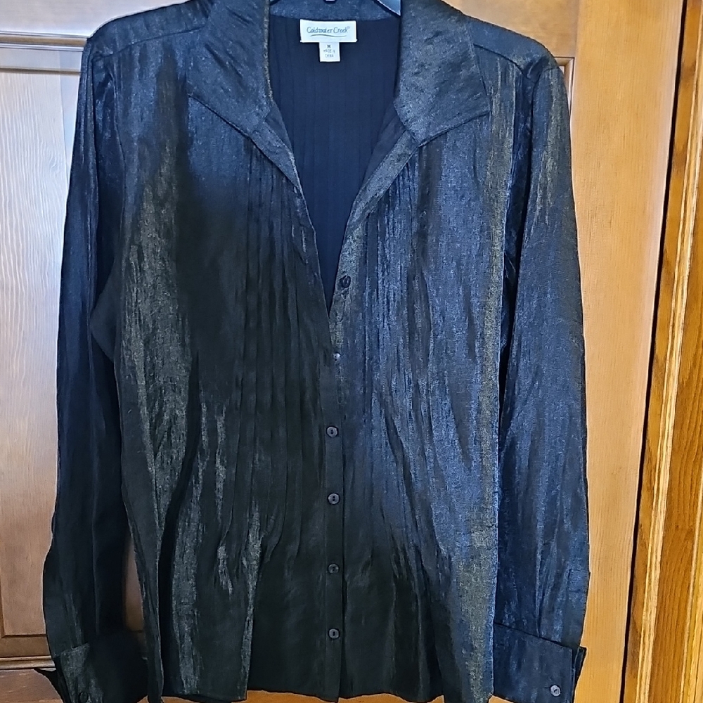 Coldwater Creek Women’s Black Shimmer Button-Down Blouse EUC